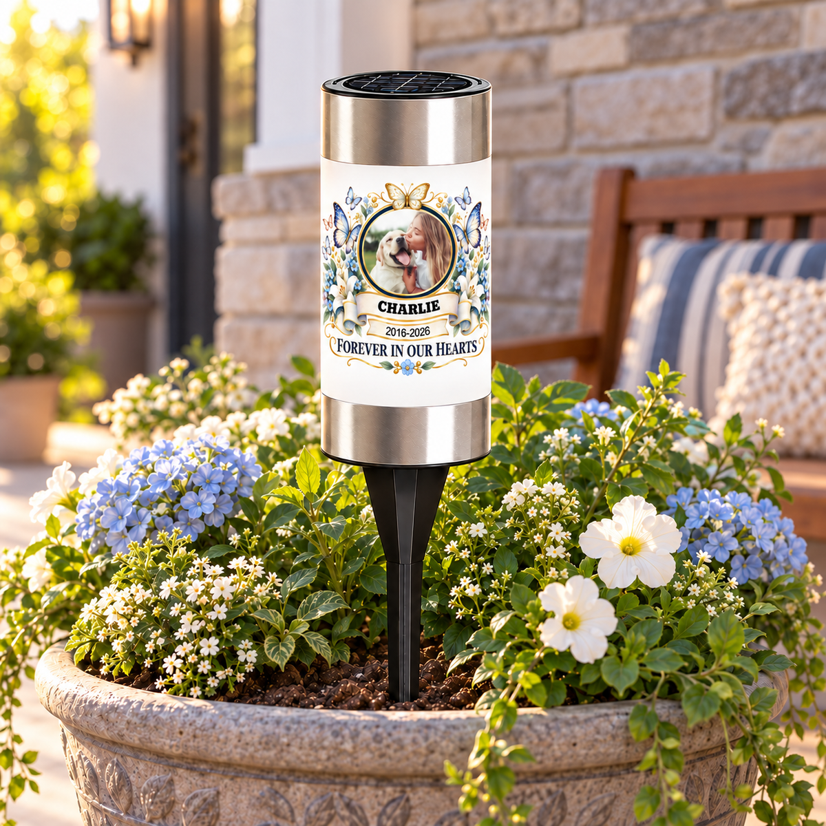 Personalized Butterfly Memorial Solar Garden Light with Photo
