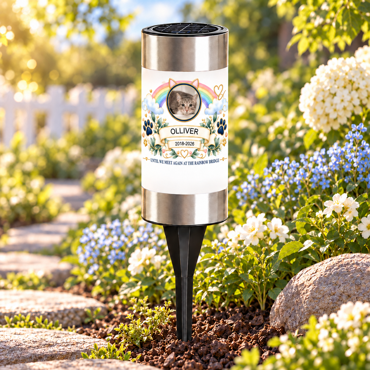Personalized Rainbow Bridge Cat Memorial Solar Garden Light