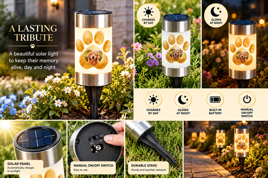 Pet memorial solar light glowing in a garden