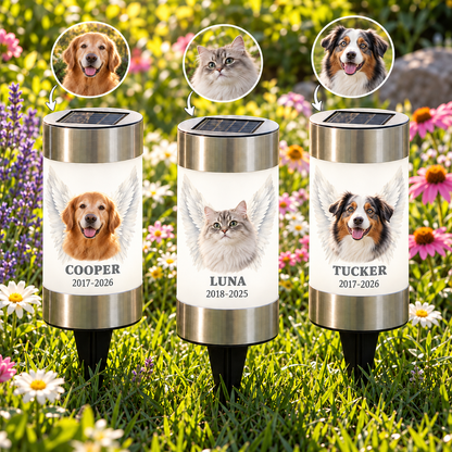 Personalized angel wings pet memorial solar light with a pet photo glowing softly at dusk