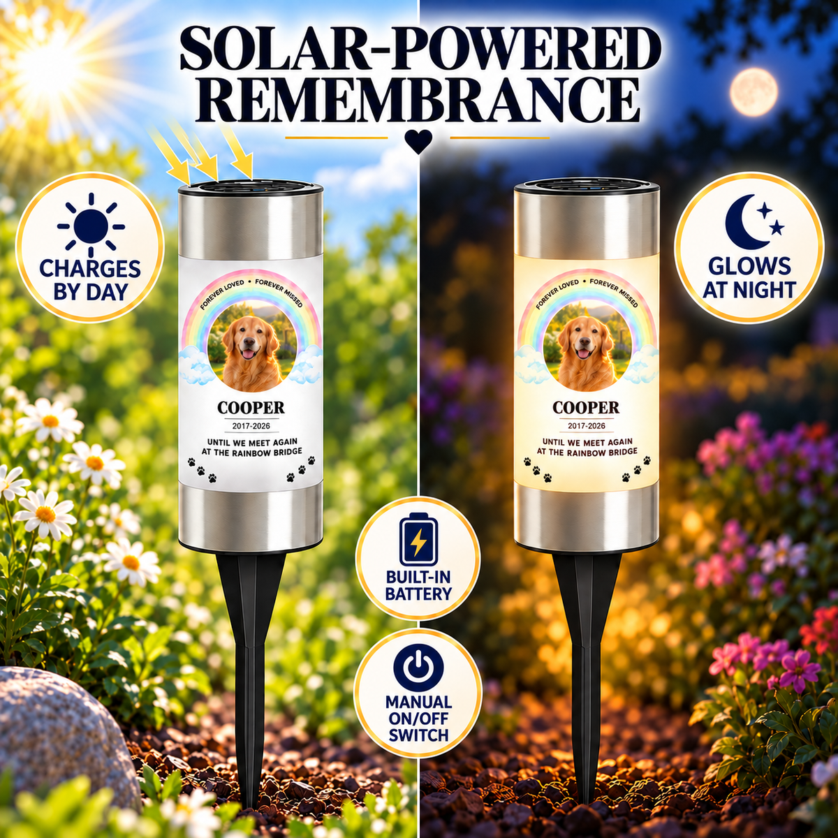 Forever Loved Rainbow Bridge pet memorial solar light with pet photo and name
