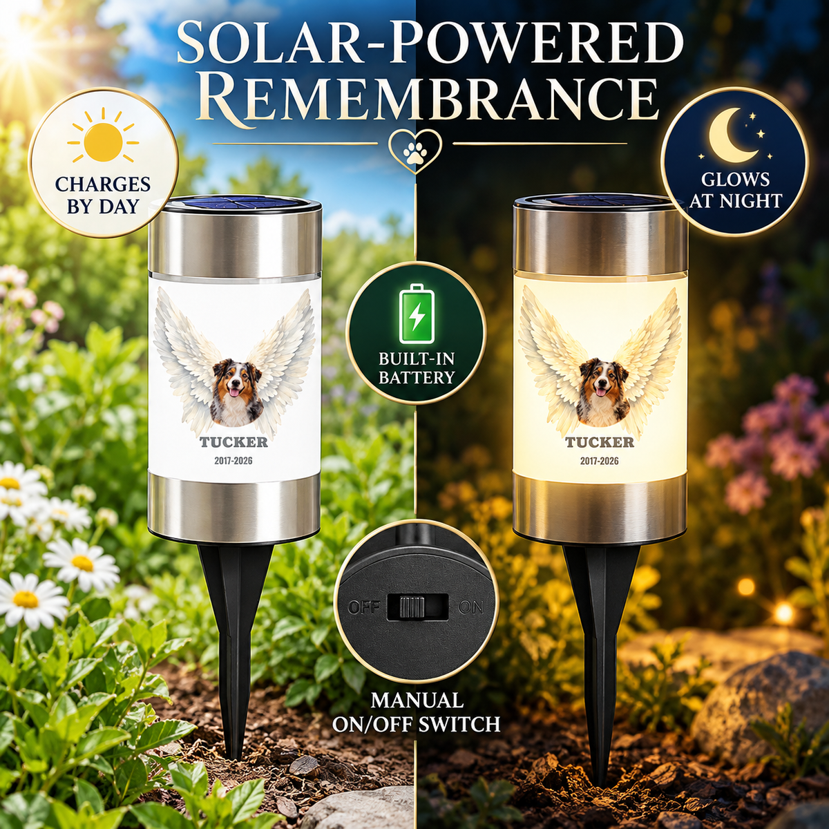 Personalized Angel Wings Pet Memorial Solar Light – Dog & Cat Photo Gift