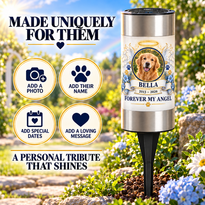 Personalized angel wings pet memorial solar light with pet photo, name and years