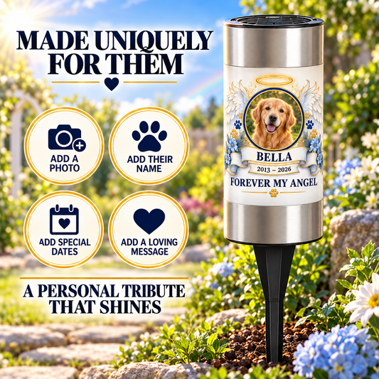 Personalized angel wings pet memorial solar light with pet photo, name and years