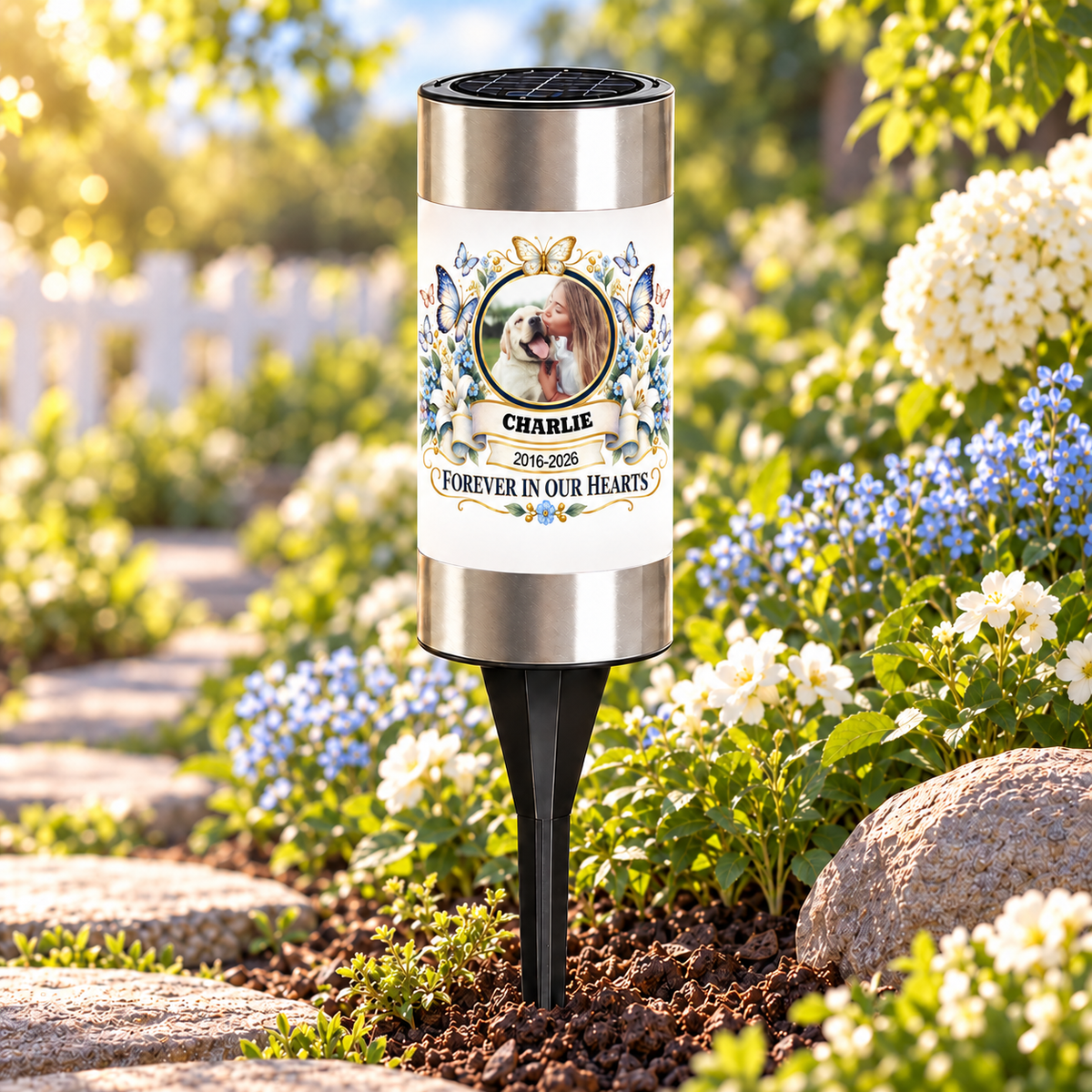 Personalized Butterfly Memorial Solar Garden Light with Photo