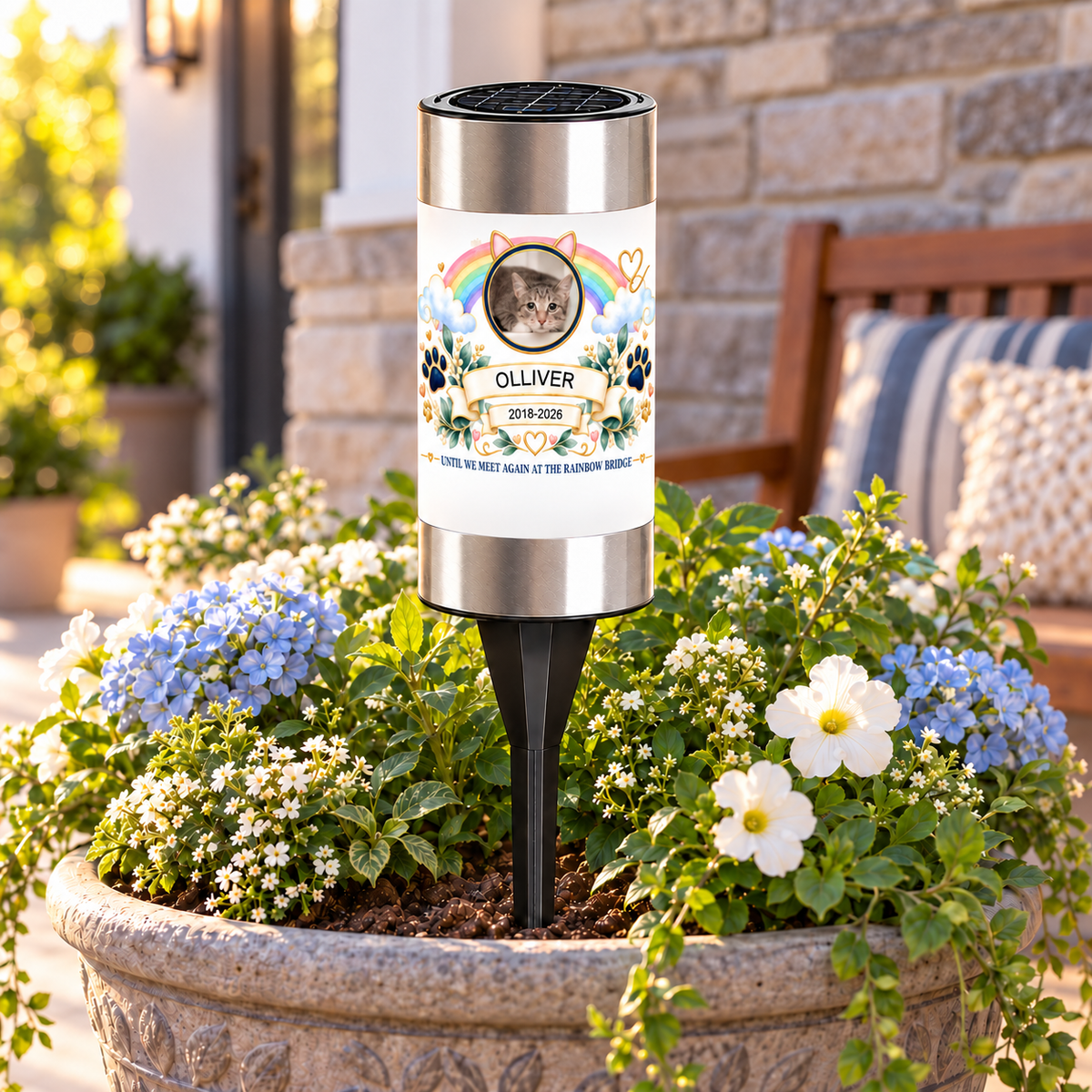 Personalized Rainbow Bridge Cat Memorial Solar Garden Light