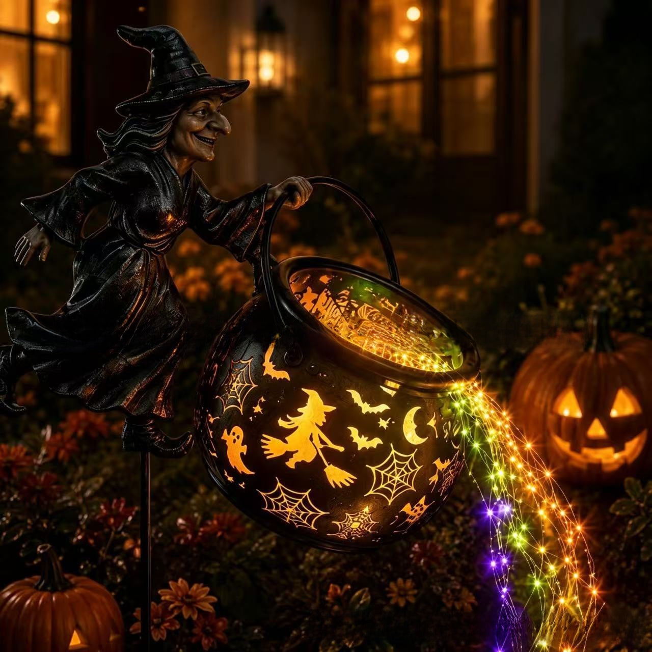 Halloween Witch Cauldron Garden Light Stake
